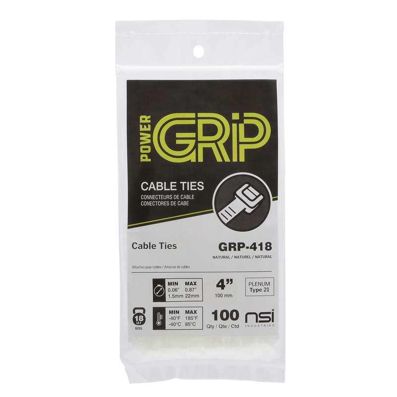 NSI PowerGRP 4, Natural General Purpose 18lb Cable Ties, 100 Pack