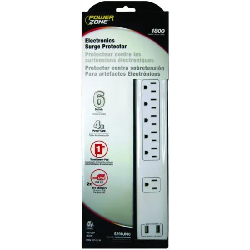 Power Zone Surge Protector Power Strip White
