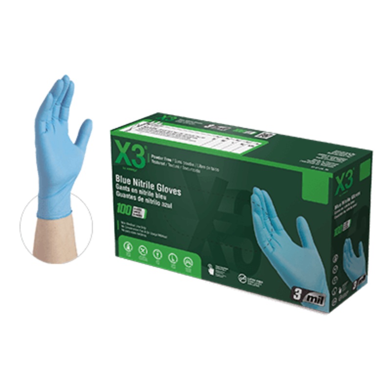 Ammex X3 Blue Nitrile PF Ind Medium Gloves