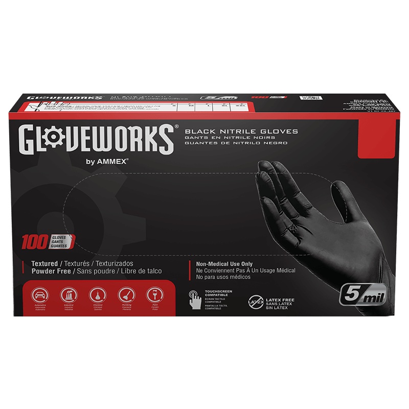 Ammex GlovePlus Black Nitrile Industrial Powder-Free 5 Mil Disposable Gloves (100 Pack)