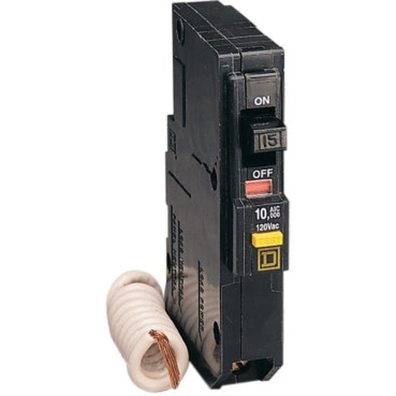 Square D Mini Circuit Breaker, QO, 15A, 1 pole, 120VAC, 10kA, 6mA grd fault A, Pigtail, Plug in Mount