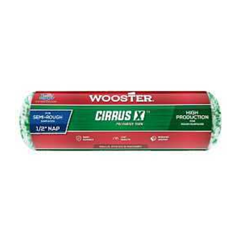 Wooster Cirrus X Series R184-9 Roller Cover, 1/2 in Thick Nap, 9 in L, Polyamide Yarn Fabric/Polypropylene Cover