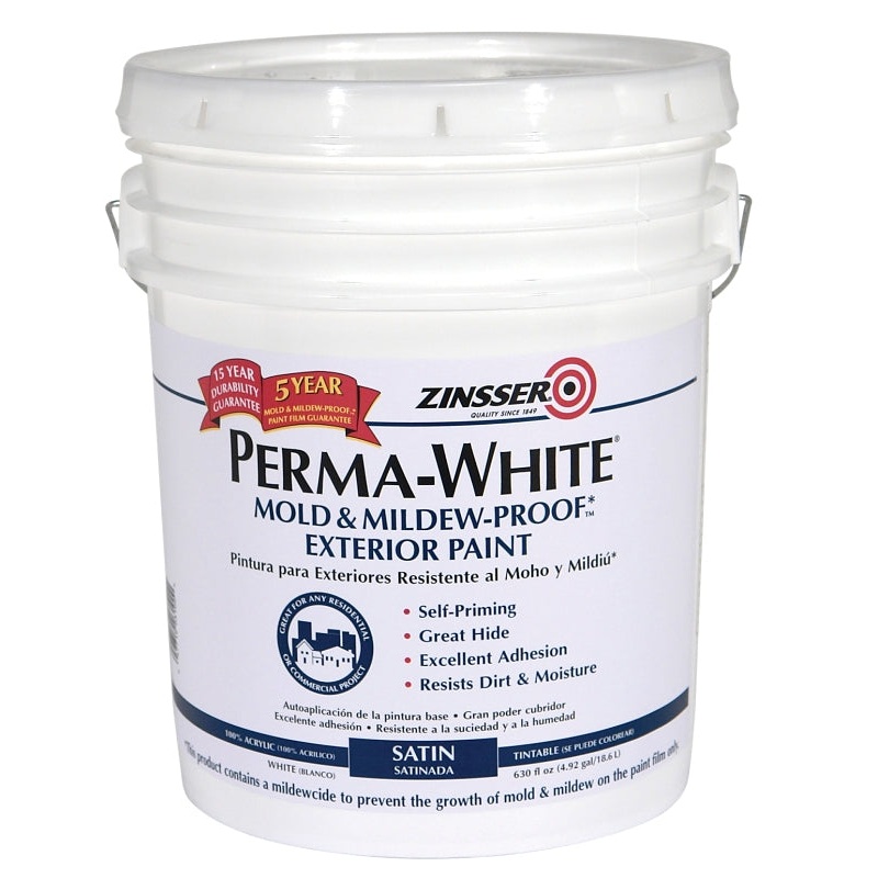 Zinsser 03100 Latex Paint, Satin, White, 5 gal, 300 to 400 sq-ft/gal Coverage Area