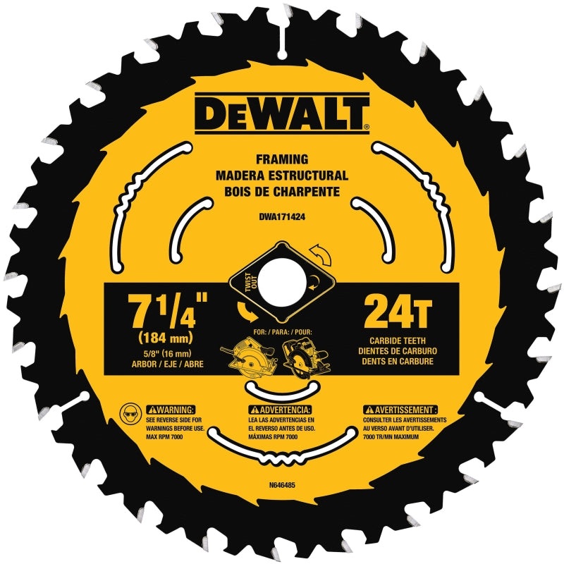 DEWALT DWA171424B10 Circular Saw Blade, 7-1/4 in Dia, 5/8 in Arbor, 24-Teeth, Tungsten Carbide Cutting Edge