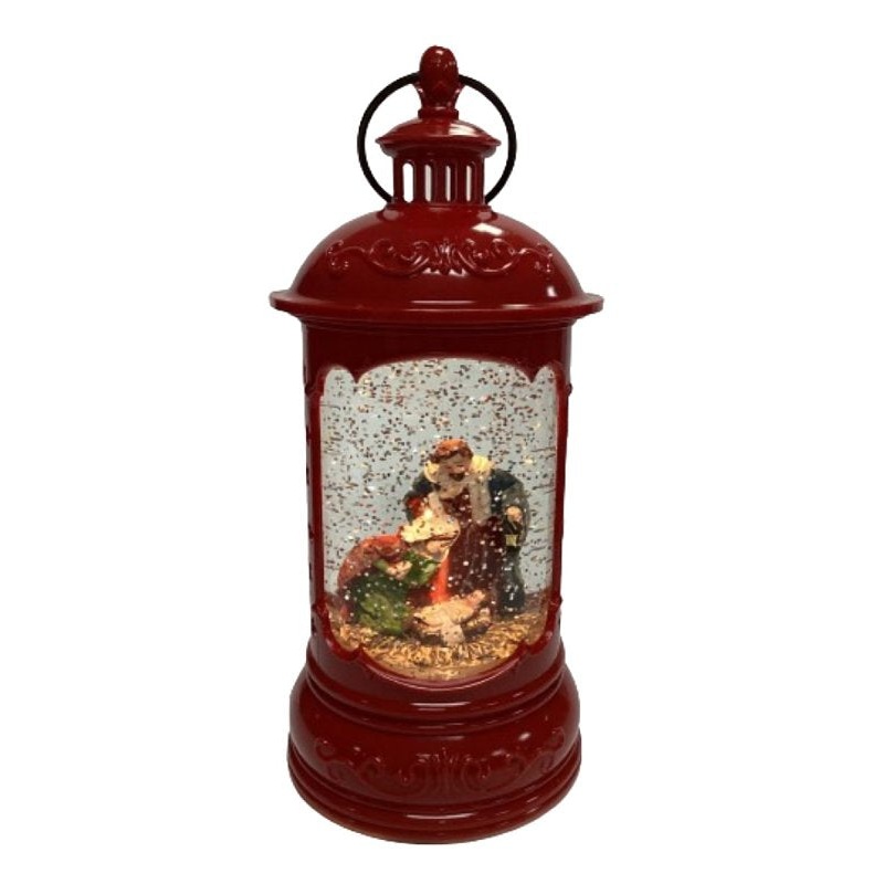 Santas Forest 21951Snow Globe Lantern with Nativity Scene, 9 in H, Nativity Water Globe, Plastic/Resin, Red, Internal Light