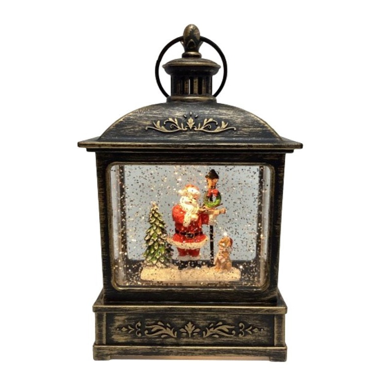 Santas Forest 21955 Black Lantern with Santa & Dog, 8-1/2 in H, Plastic, Black, Internal Light, Indoor