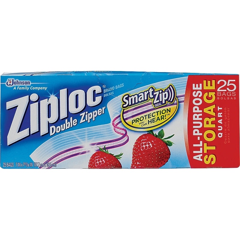 Ziploc 00330 Series Storage Bag, Zipper Closure, 7 in W, 7-7/16 in L, 1 qt Capacity, Plastic