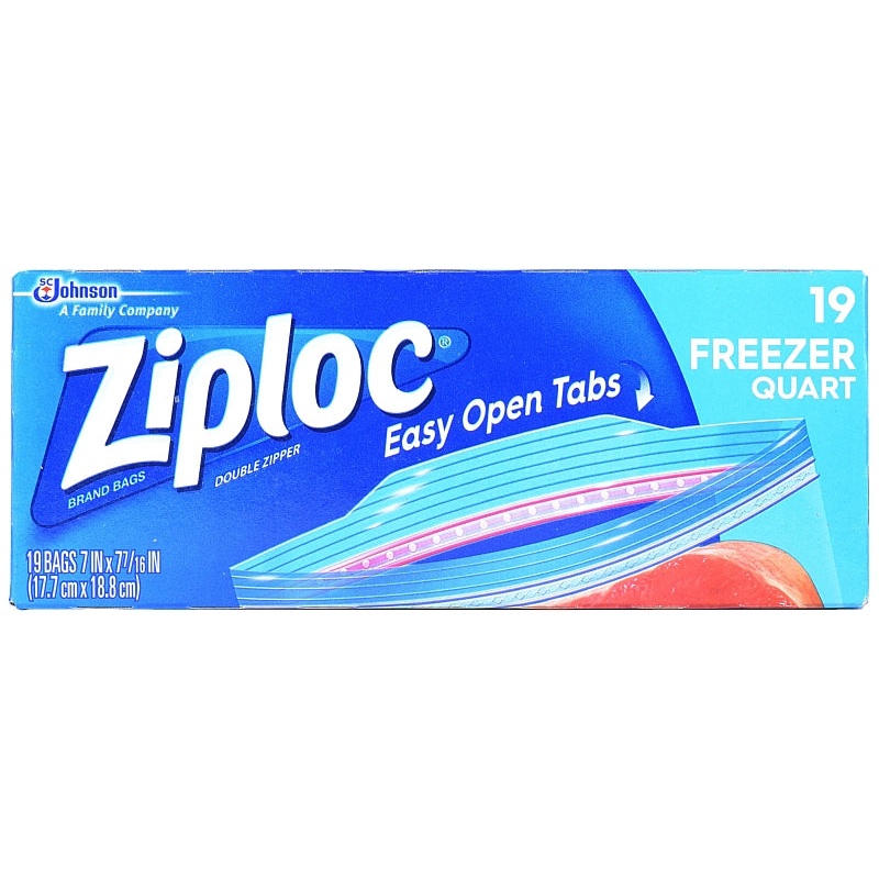 Ziploc 00388 Series Freezer Bag, Zipper Closure, 7 in W, 7-7/16 in L, 1 qt Capacity, 19/PK