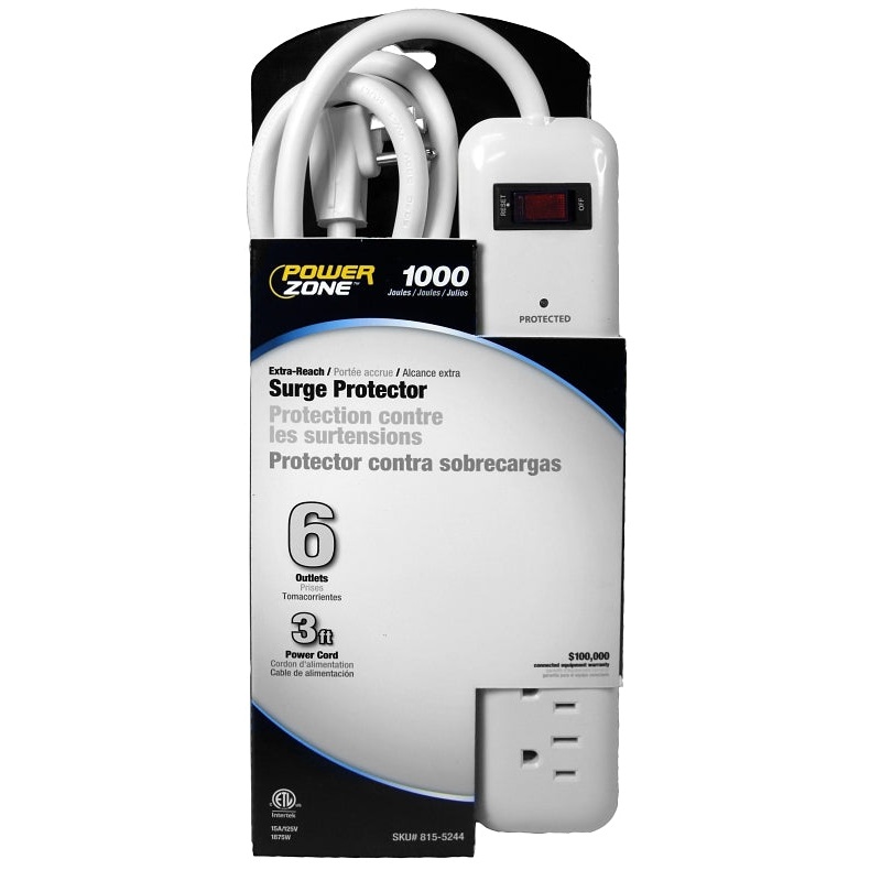 PowerZone OR802126 Surge Protector Power Strip, 125 V, 15 A, 6-Outlet, 1000 Joules Energy, White