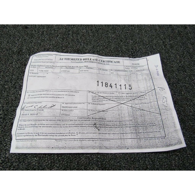 915007-001 Mooney Rudder Control Tube W/ 8130 (NEW OLD STOCK) (SA)