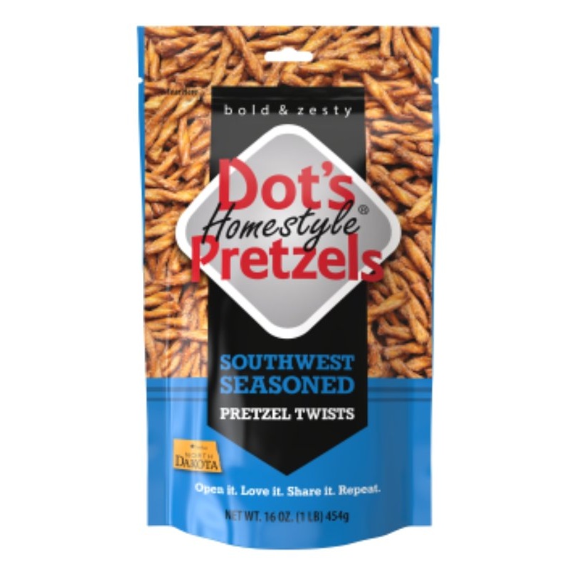 Dot’s Homestyle Pretzels 5002- DP Southwest Seasoned Pretzel Twists, Artificial Butter, 16 oz Bag
