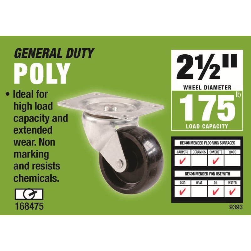 Shepherd Hardware 2-1/2-Inch Polypropylene Wheel Swivel Plate Caster, 175-lb Load Capacity