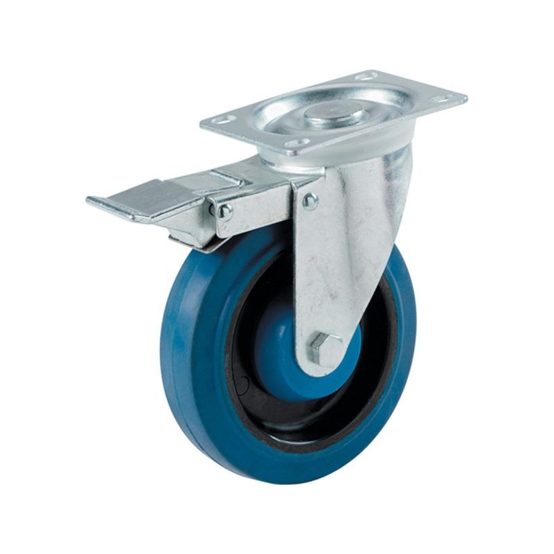 Shepherd Hardware 4-Inch Swivel Plate Elastic Blue Rubber Caster with Brake, 265-lb Load Capacity